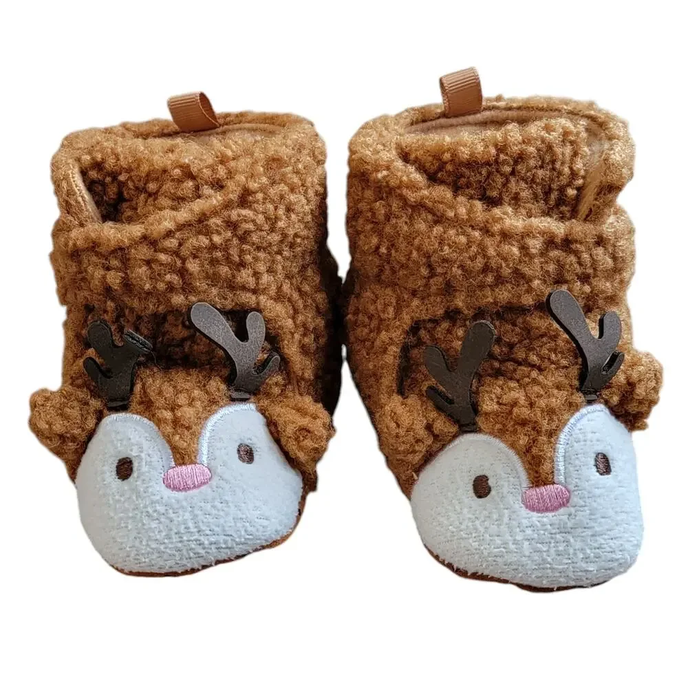 Cat & Jack Reindeer Slippers Sz 6/9M Brown Faux Fur Crib‎ Shoes Christmas Baby